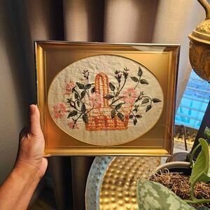 Vintage Framed Floral Basket Embroidery